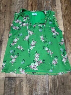 CeCe Bright Green Floral Tie-Neck Sleeveless Blouse